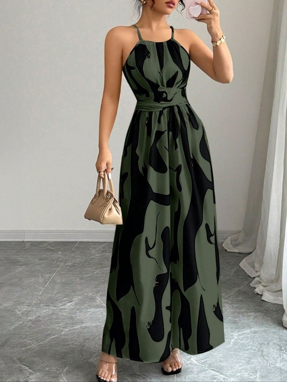 Sleeveless Abstract Print Halter Neck Maxi Dress in Green and Black